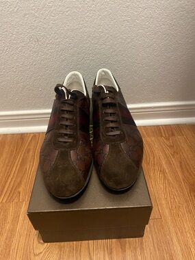 Authentic Gucci Men's Brown & Red Web Stripe Leather & Suede Sneakers